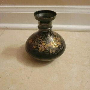 Vintage Vase Carved Black Brass Metal Vase with Floral Gold